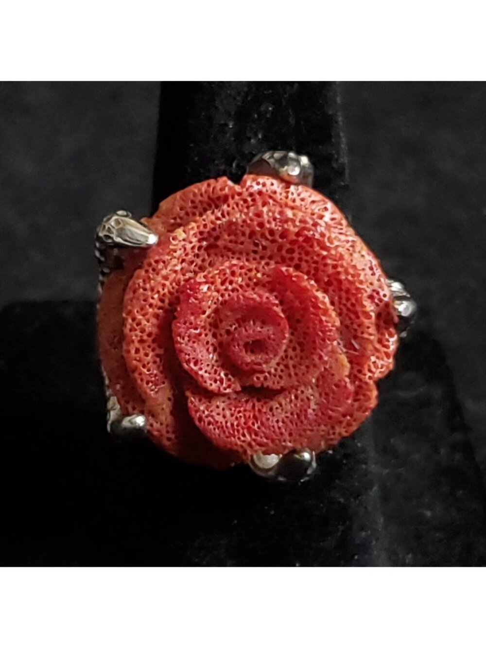 Vintage Rose Cocktail Ring Sz 6.25 Flower Sterling Silver Red Sponge Coral